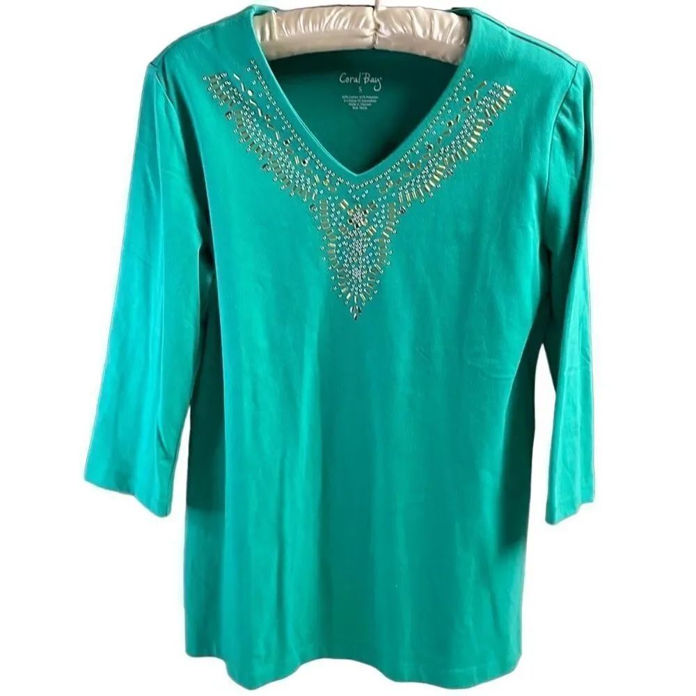 Coral Bay Embellished Blouse Top Vneck, Green , Size Small